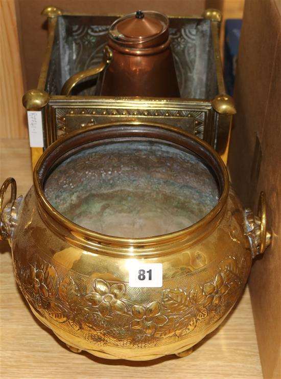 A brass planter, a jardiniere and copper pot